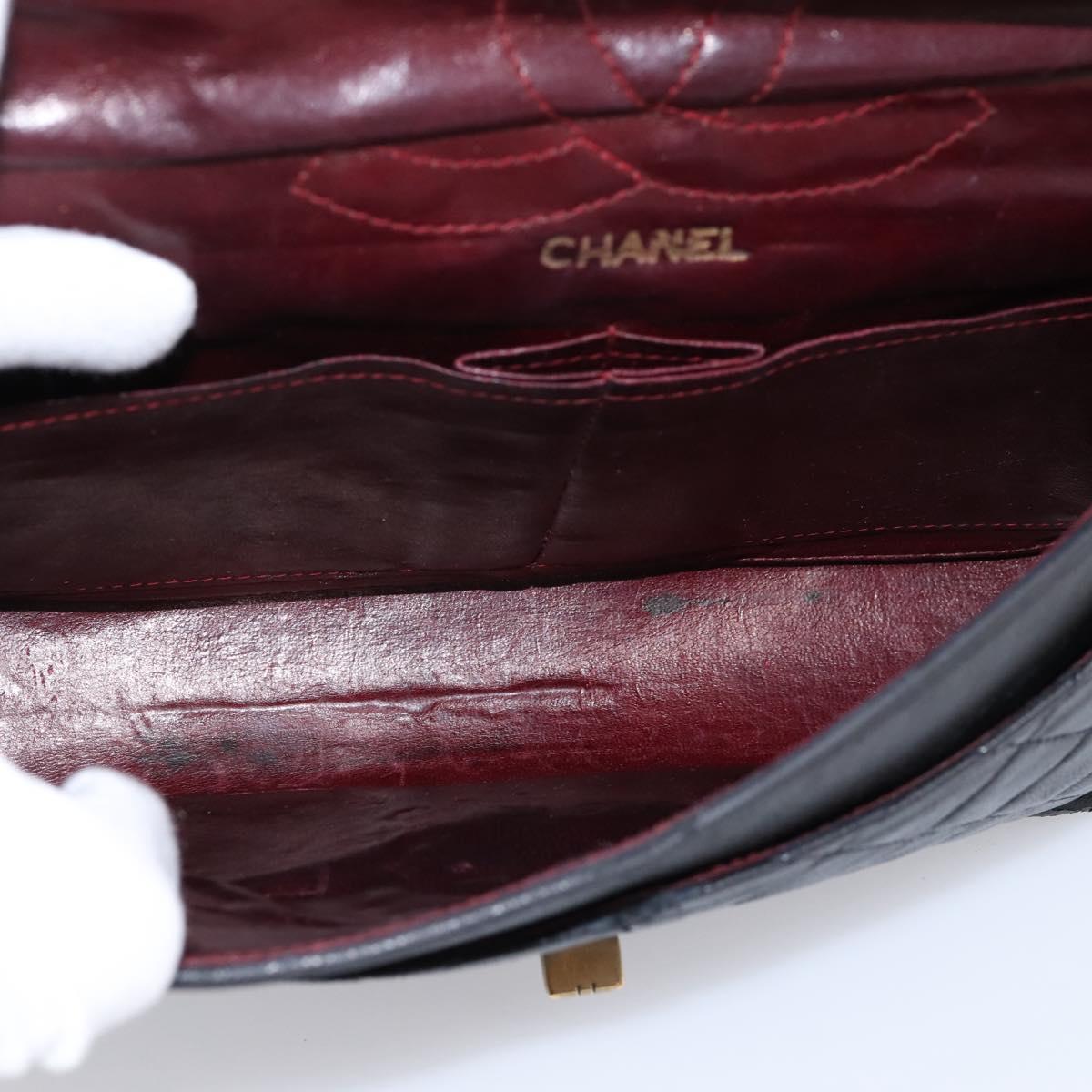 CHANEL Matelasse 25.5 Double Flap Chain Bag Lamb Skin Black Gold CC Auth PP249