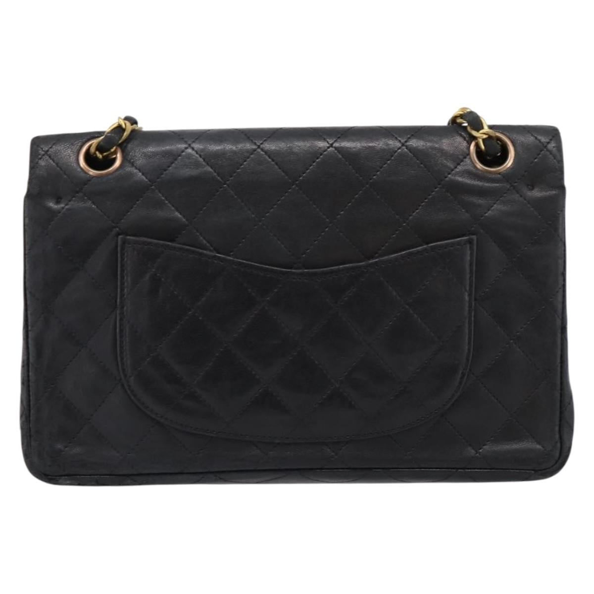 CHANEL Matelasse 25.5 Double Flap Chain Bag Lamb Skin Black Gold CC Auth PP249