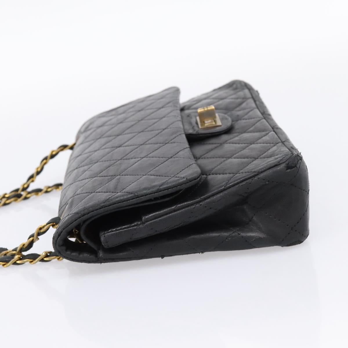 CHANEL Matelasse 25.5 Double Flap Chain Bag Lamb Skin Black Gold CC Auth PP249