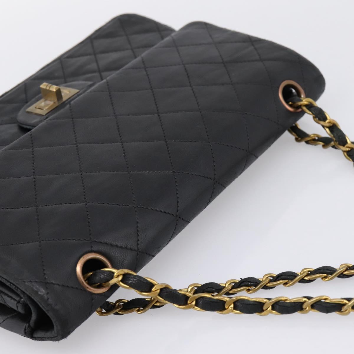 CHANEL Matelasse 25.5 Double Flap Chain Bag Lamb Skin Black Gold CC Auth PP249