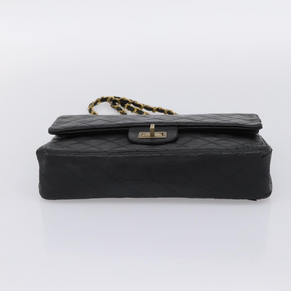 CHANEL Matelasse 25.5 Double Flap Chain Bag Lamb Skin Black Gold CC Auth PP249