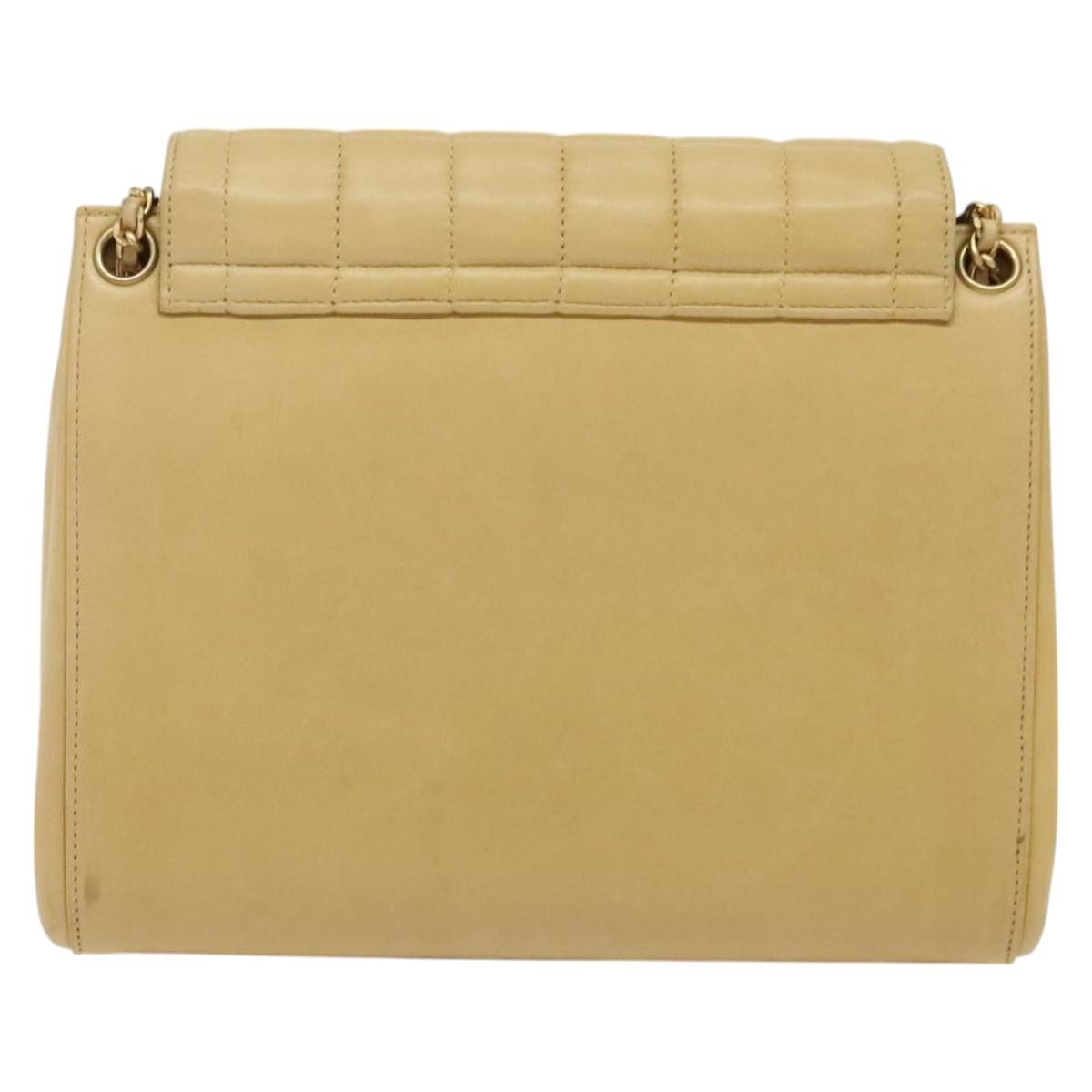 CHANEL Choco Bar Chain Shoulder Bag Leather Beige Gold CC Auth PP645