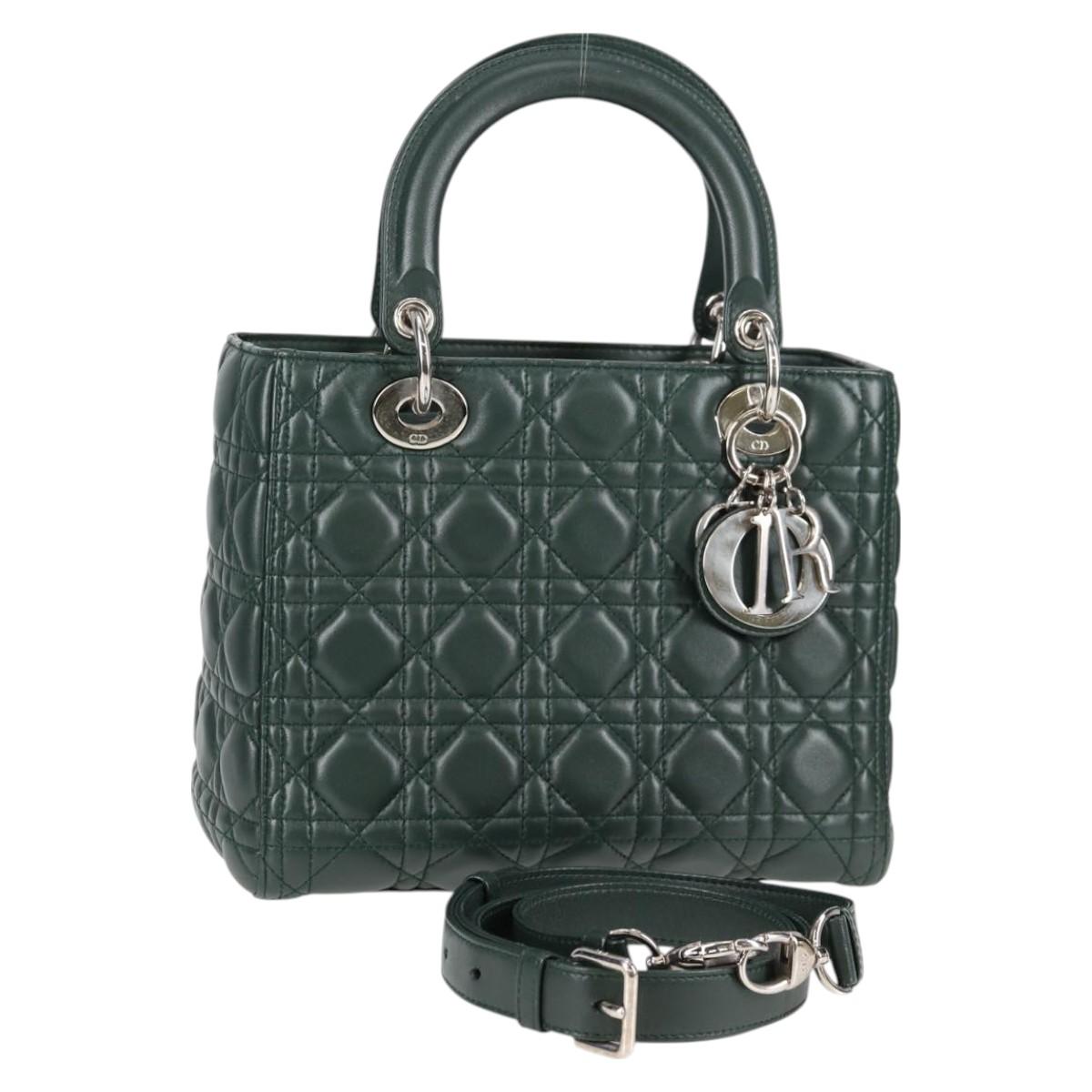 Christian Dior Canage Lady Dior Hand Bag Lamb Skin 2way Green Gold Auth PP653M