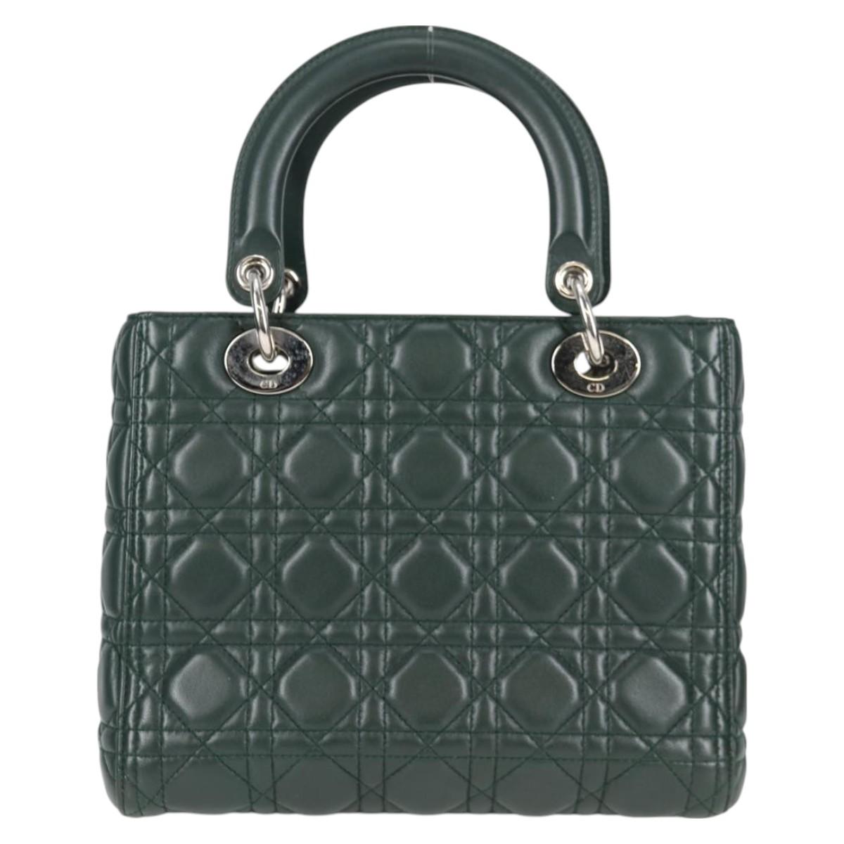 Christian Dior Canage Lady Dior Hand Bag Lamb Skin 2way Green Gold Auth PP653M