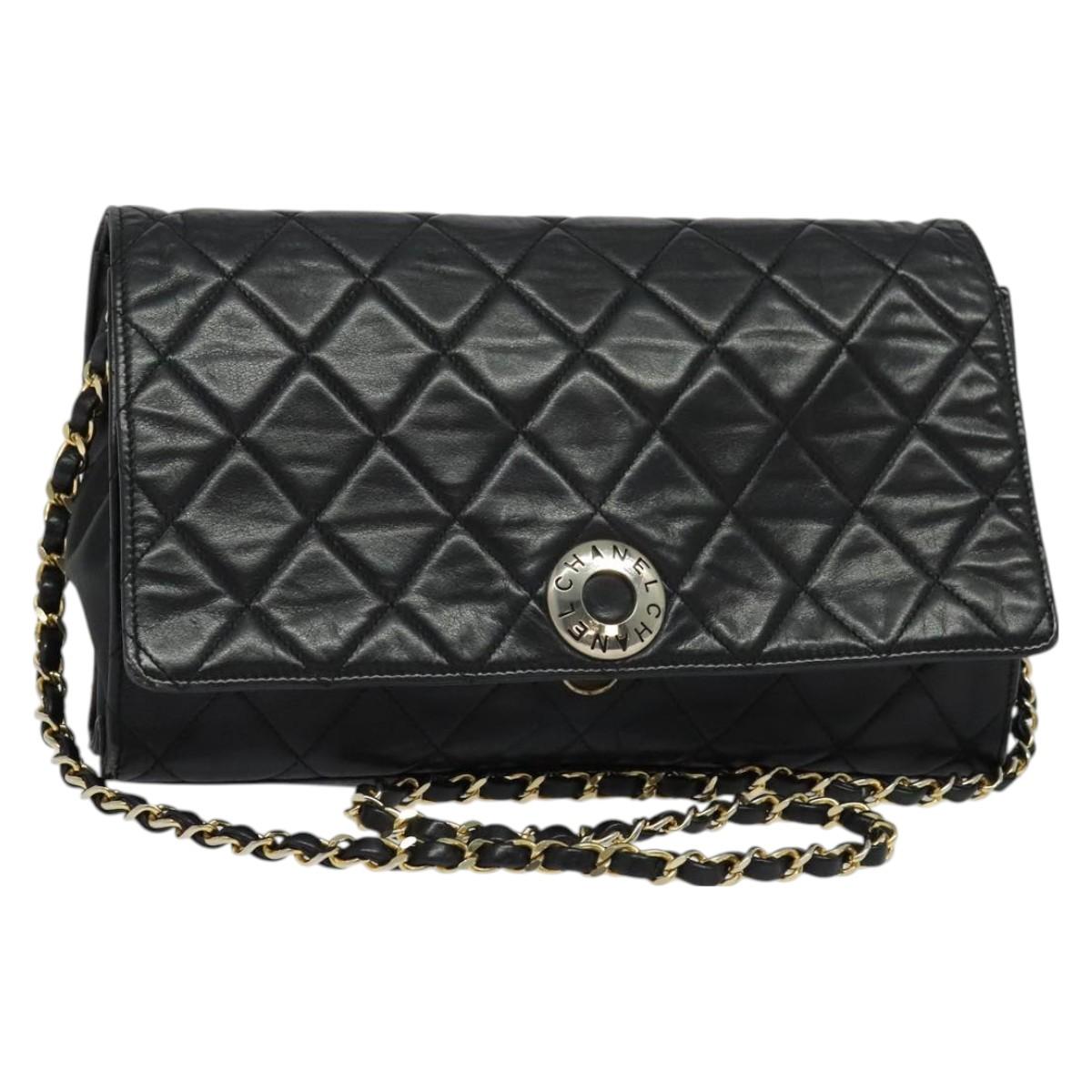 CHANEL Matelasse Chain Shoulder Bag Lamb Skin Black Gold CC Auth PP673