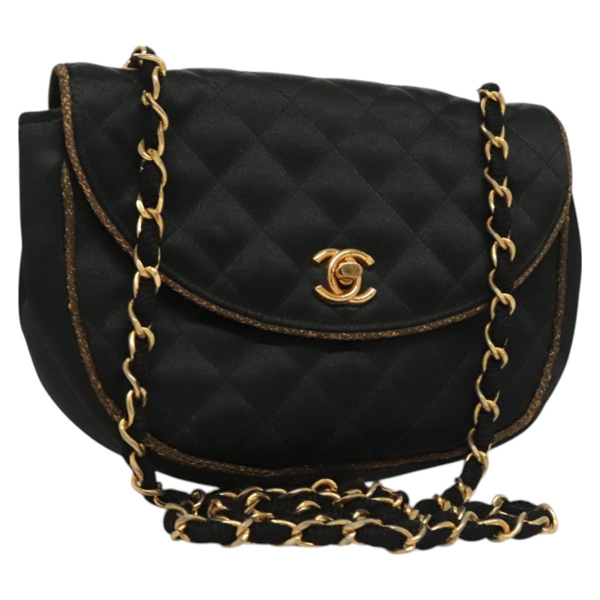 CHANEL Matelasse Chain Shoulder Bag Satin Black Gold CC Auth PP692
