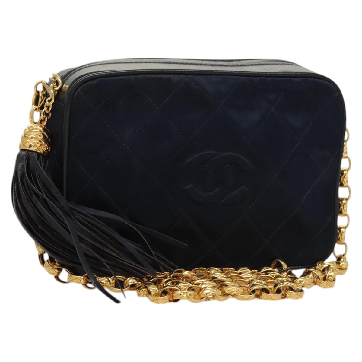 CHANEL Matelasse Chain Shoulder Bag Satin Navy Gold CC Auth PP694