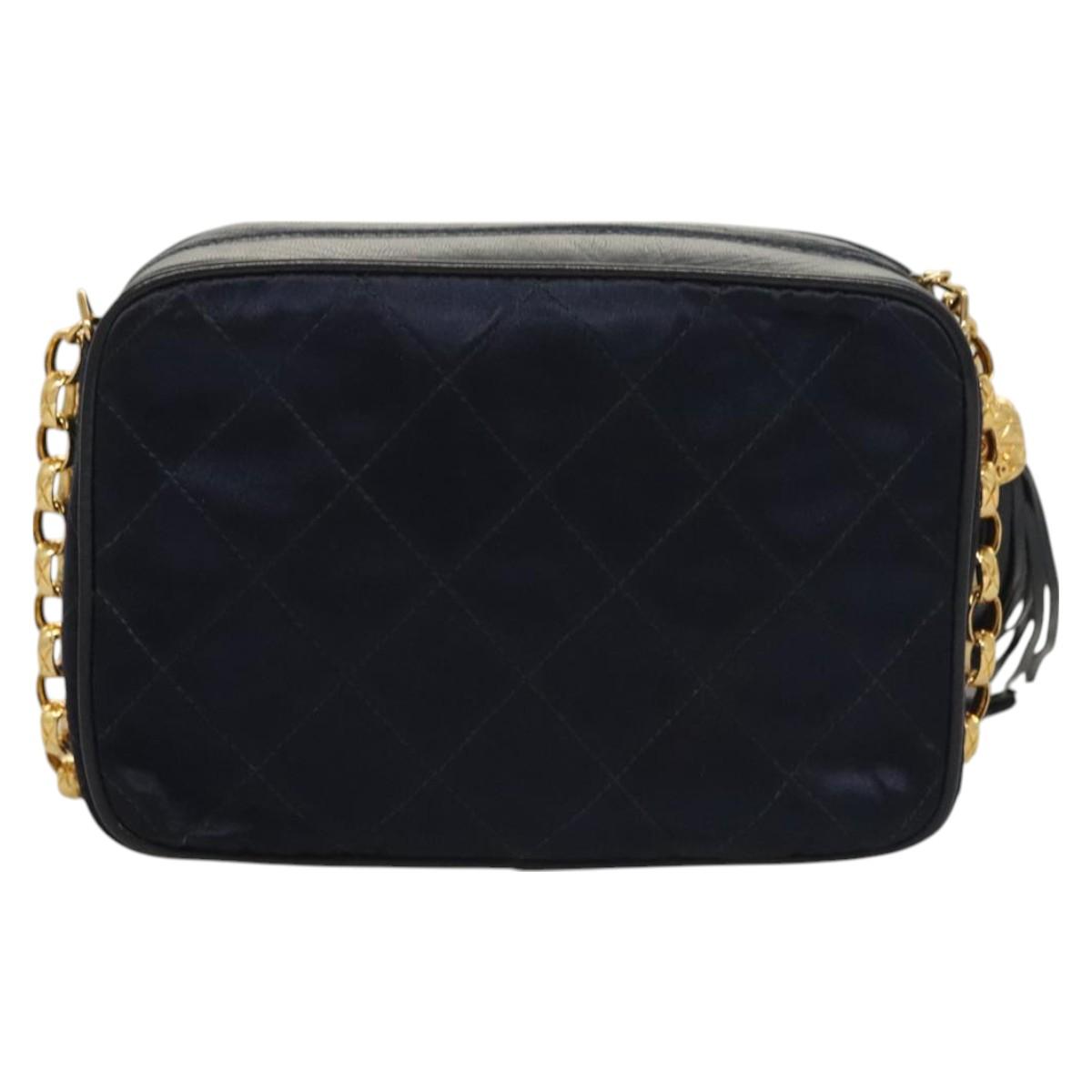 CHANEL Matelasse Chain Shoulder Bag Satin Navy Gold CC Auth PP694