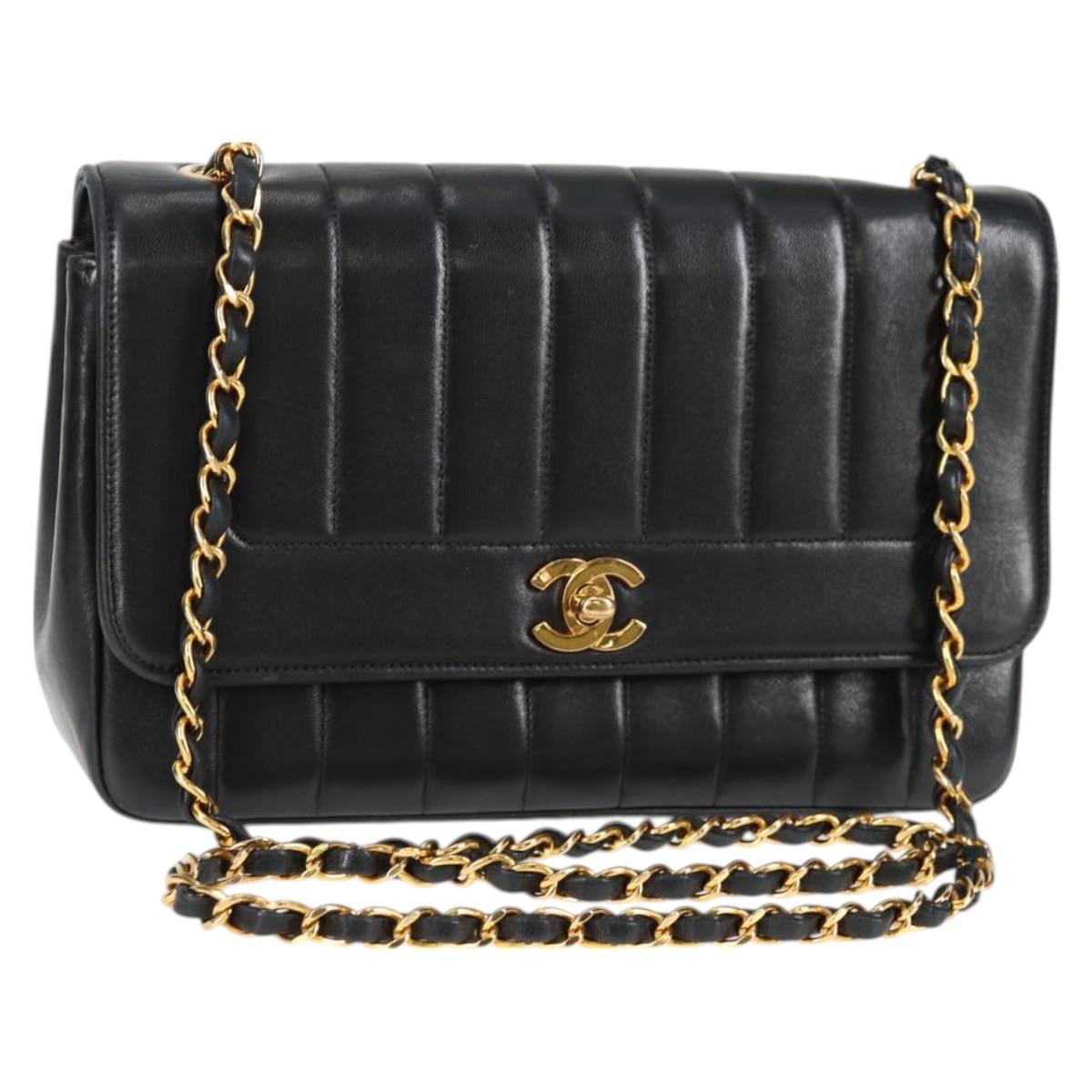 CHANEL Mademoiselle Chain Shoulder Bag Lamb Skin Black Gold CC Auth PP696V