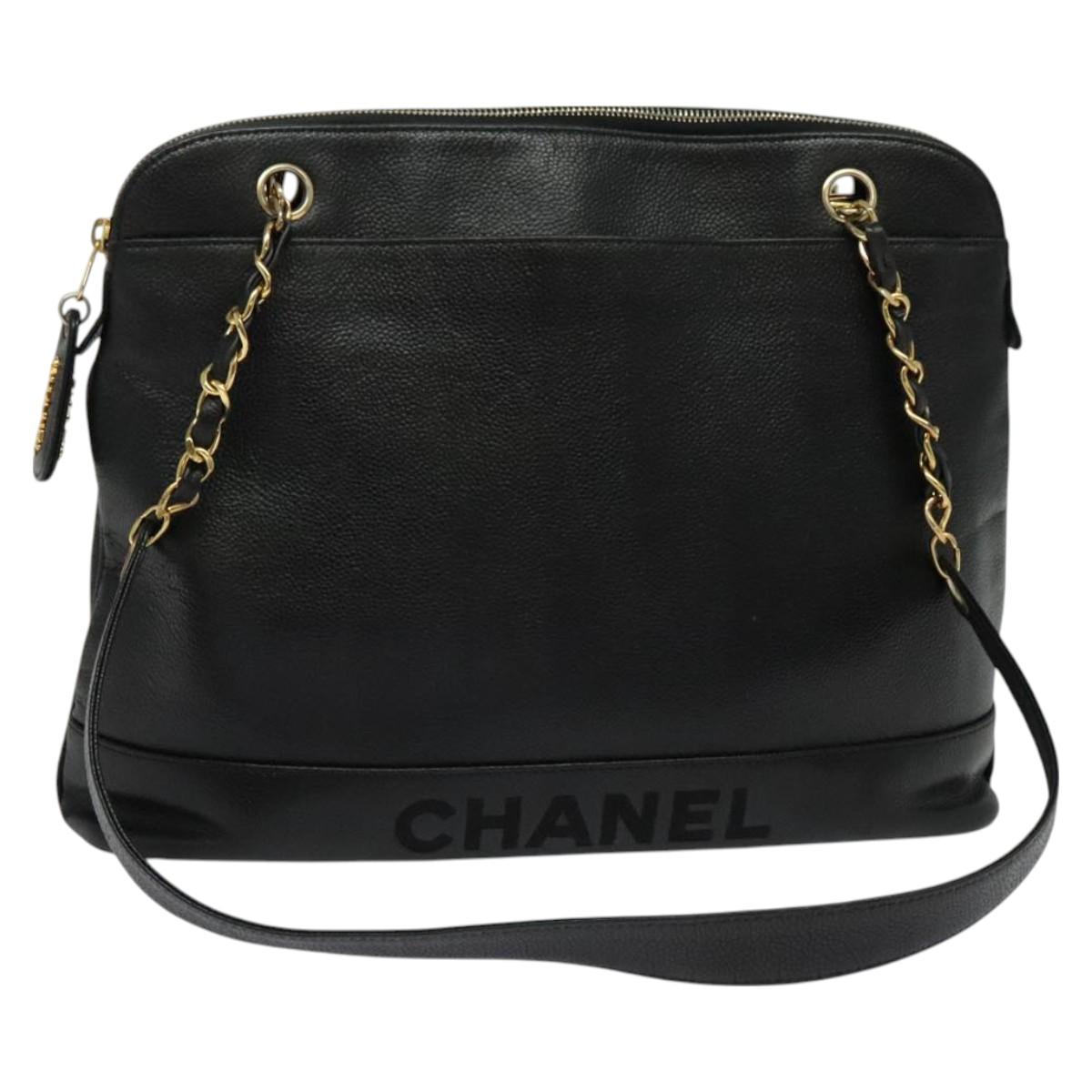 CHANEL Chain Shoulder Bag Caviar Skin Black Gold CC Auth PP699