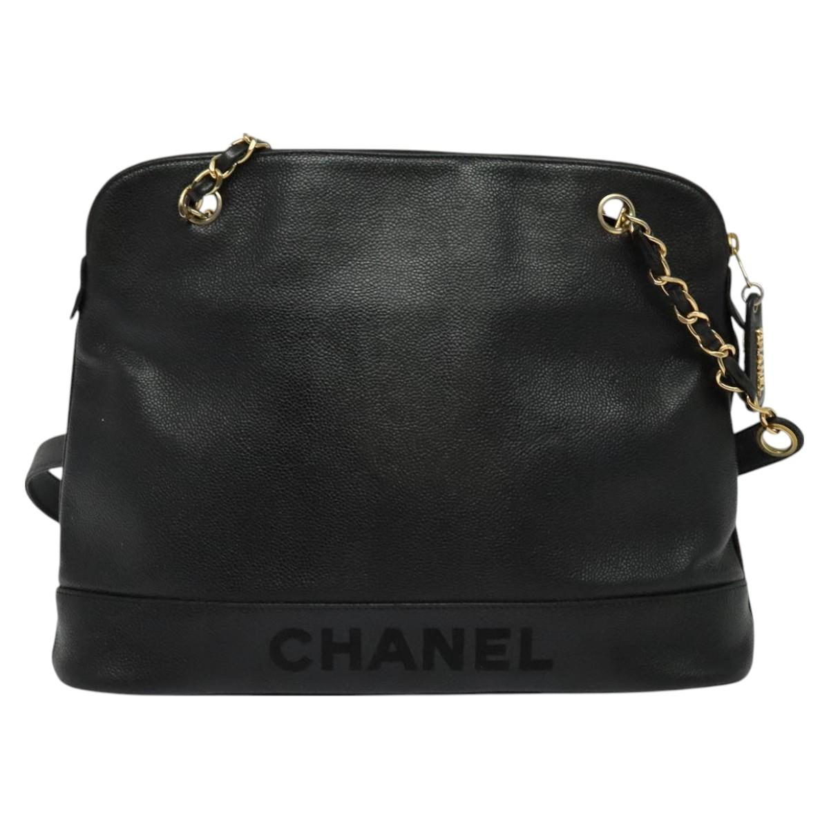 CHANEL Chain Shoulder Bag Caviar Skin Black Gold CC Auth PP699