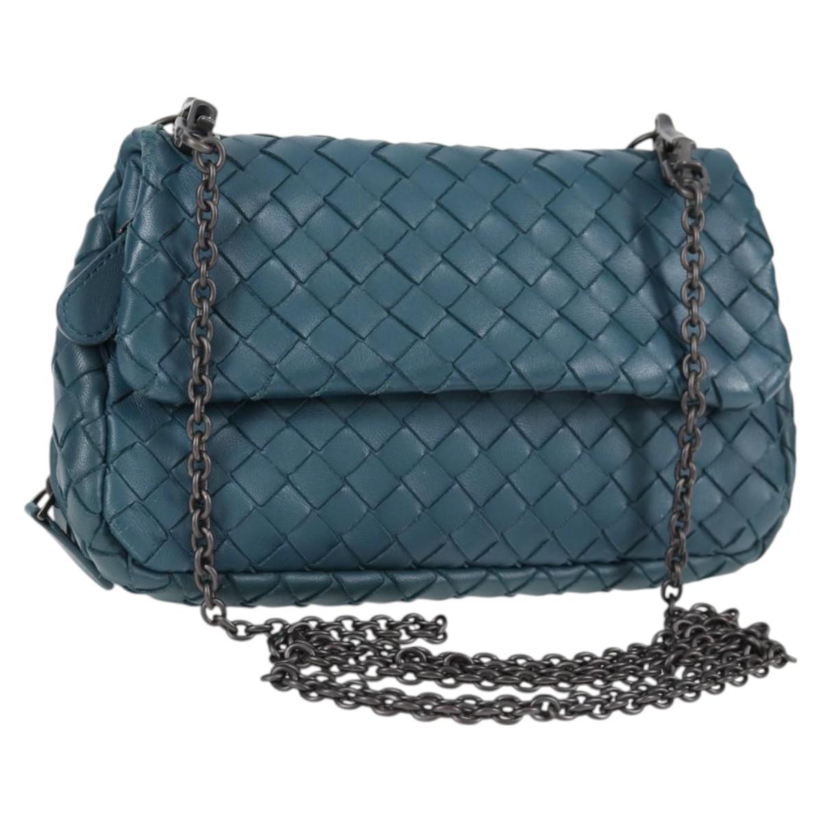 BOTTEGA VENETA INTRECCIATO Chain Shoulder Bag Leather Blue Auth PP720V