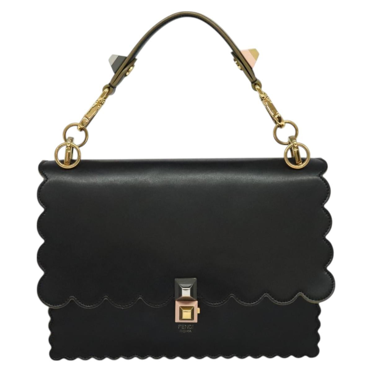 FENDI Canai Hand Bag Leather 2way Black Gold Auth PP727