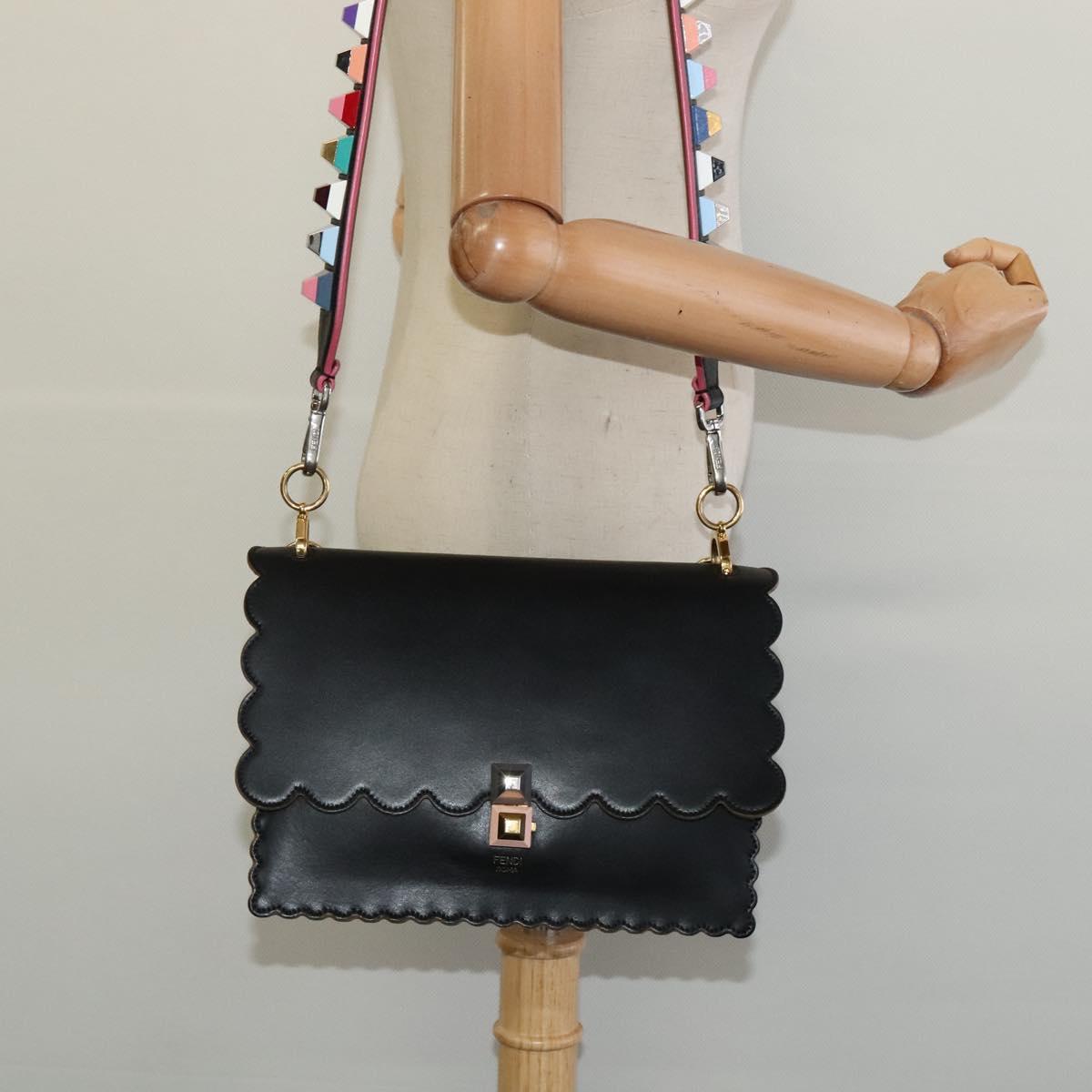 FENDI Canai Hand Bag Leather 2way Black Gold Auth PP727