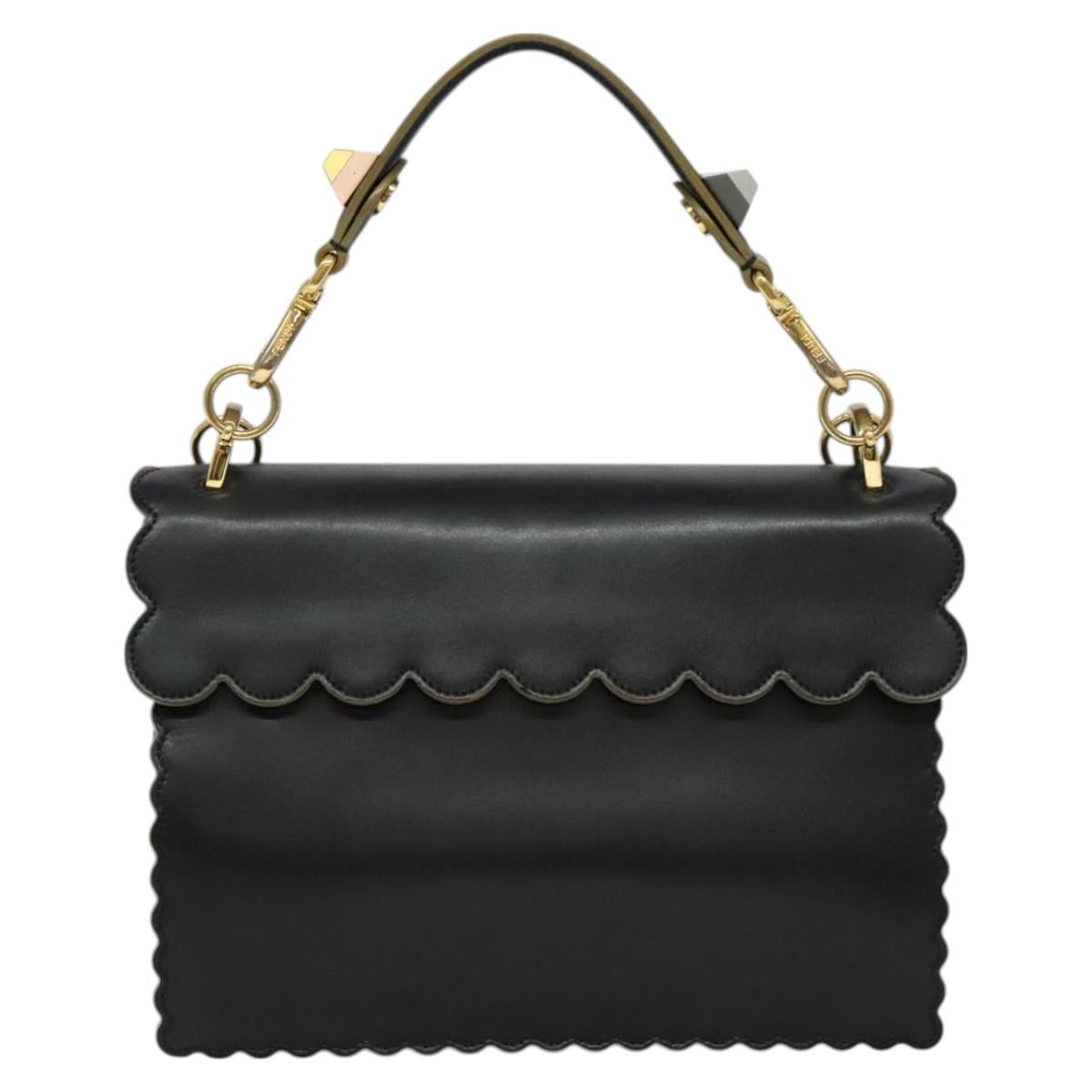 FENDI Canai Hand Bag Leather 2way Black Gold Auth PP727