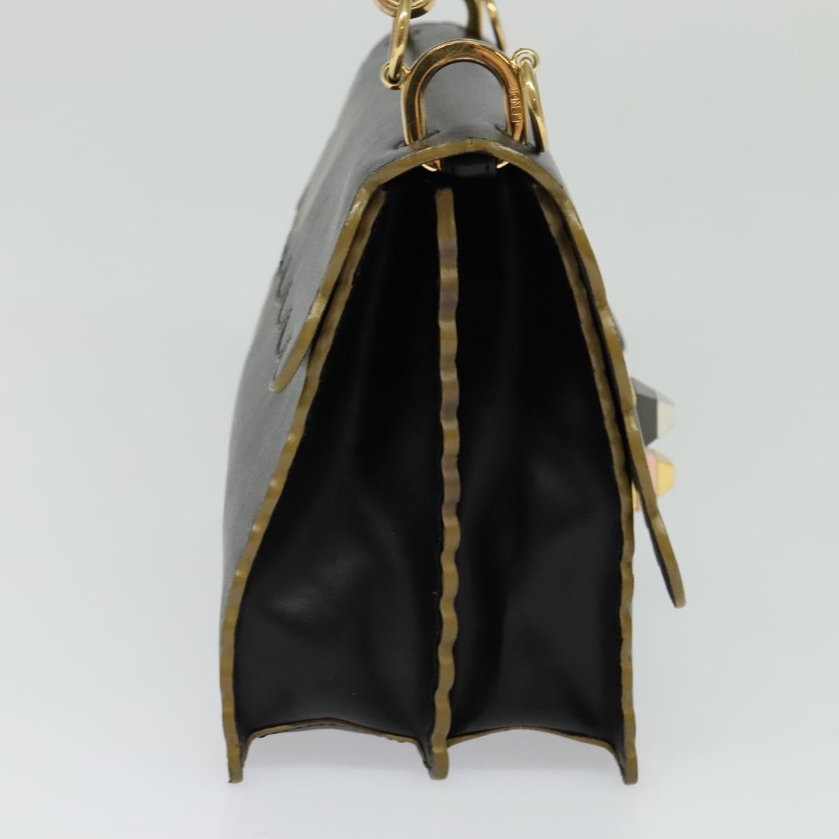 FENDI Canai Hand Bag Leather 2way Black Gold Auth PP727