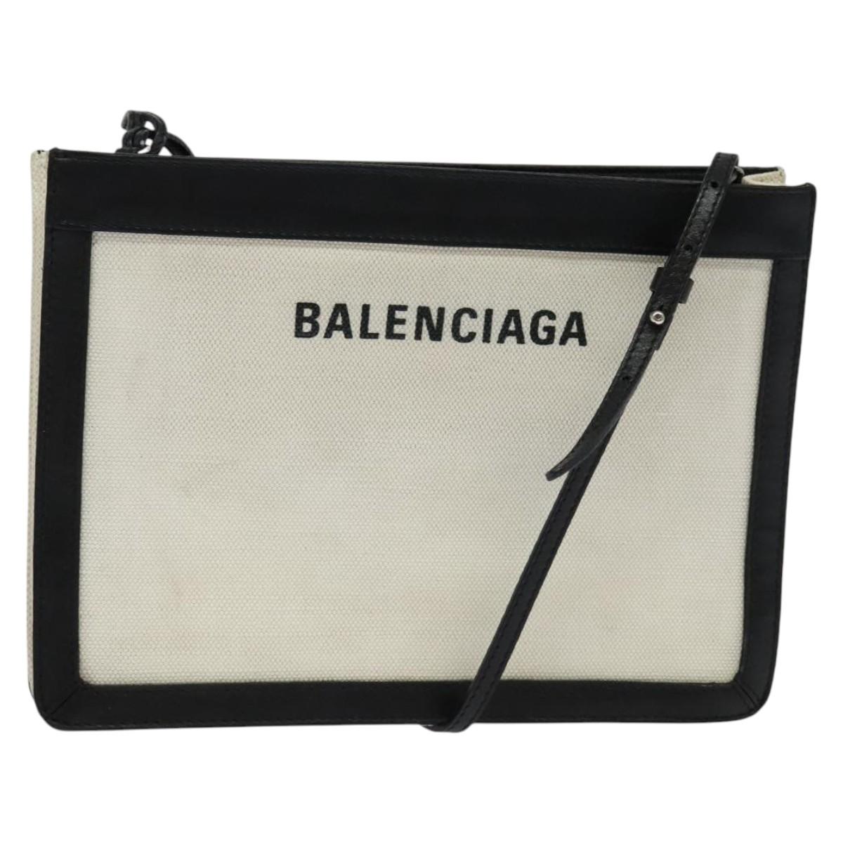 BALENCIAGA Navy Pochette Bag Canvas Leather White Navy Silver 339937 Auth PP766