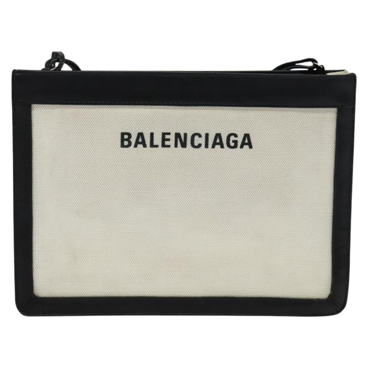 BALENCIAGA Navy Pochette Bag Canvas Leather White Navy Silver 339937 Auth PP766