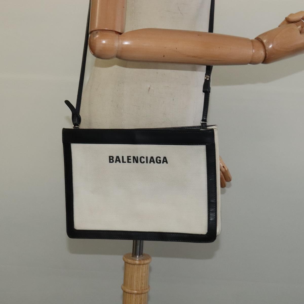 BALENCIAGA Navy Pochette Bag Canvas Leather White Navy Silver 339937 Auth PP766