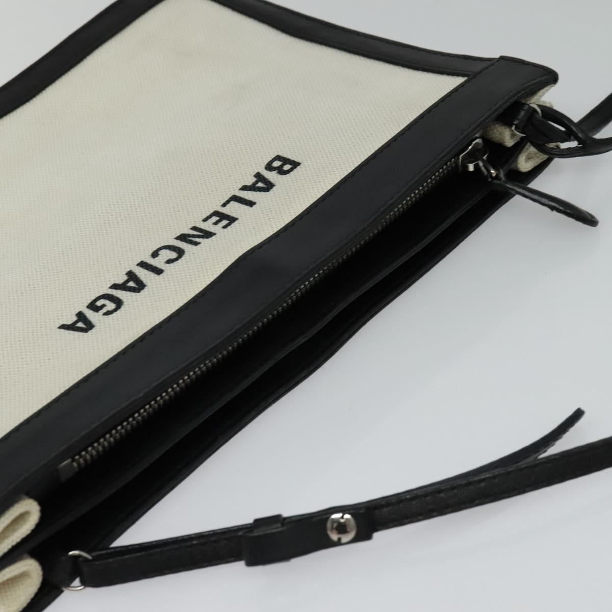 BALENCIAGA Navy Pochette Bag Canvas Leather White Navy Silver 339937 Auth PP766