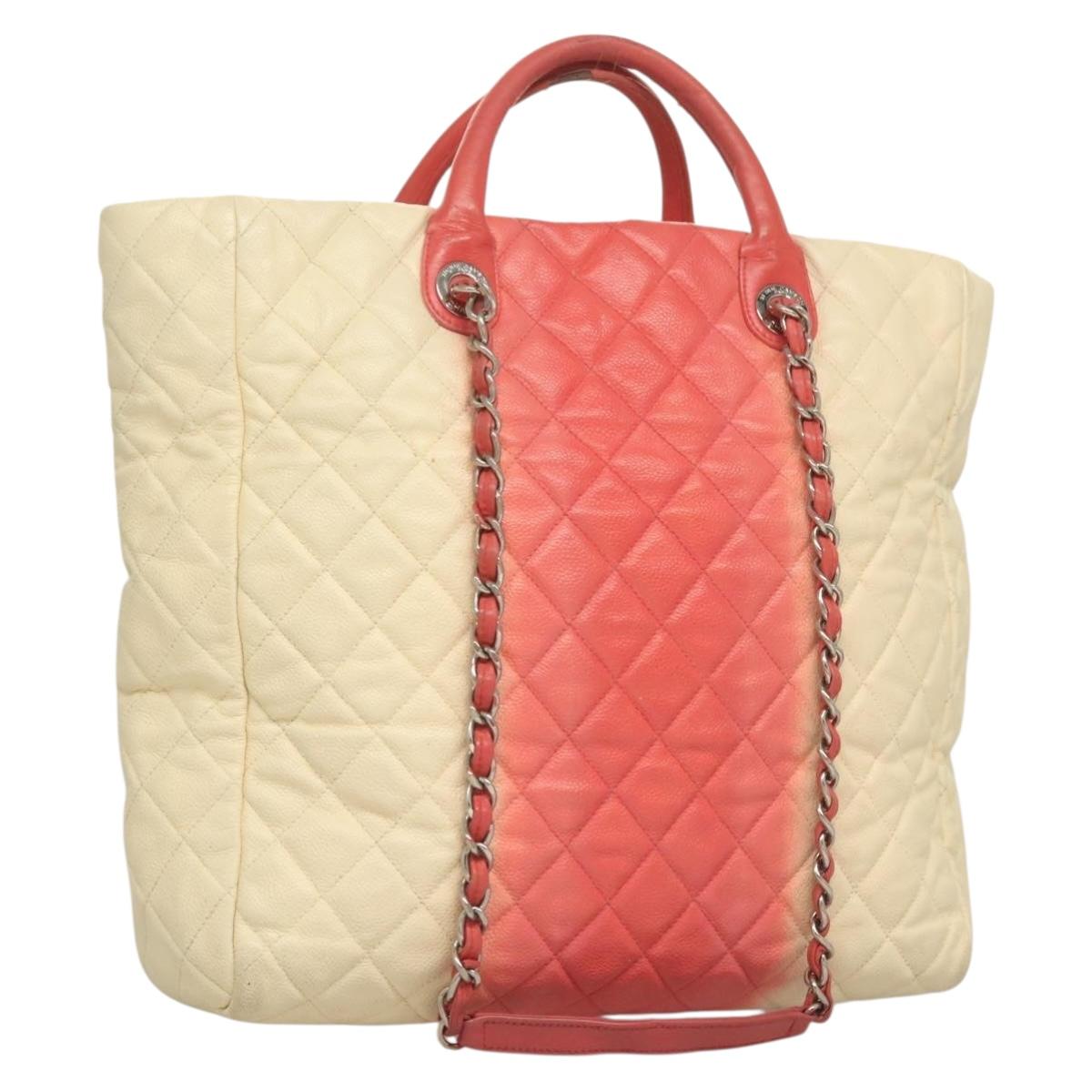 CHANEL Chain Matelasse Hand Bag Caviar Skin 2way White Silver CC Auth PP778