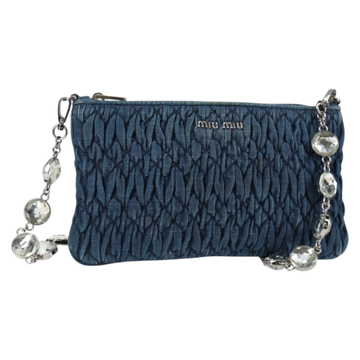 Miu Miu Matelasse Chain Pouch Shoulder Bag Denim Blue Gold Auth PP799V