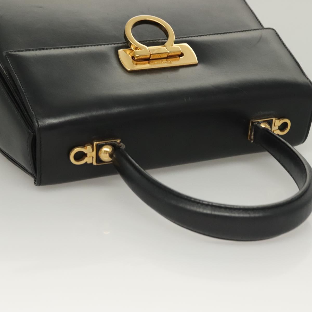Salvatore Ferragamo Gancini Hand Bag Leather Black Gold Auth PP828