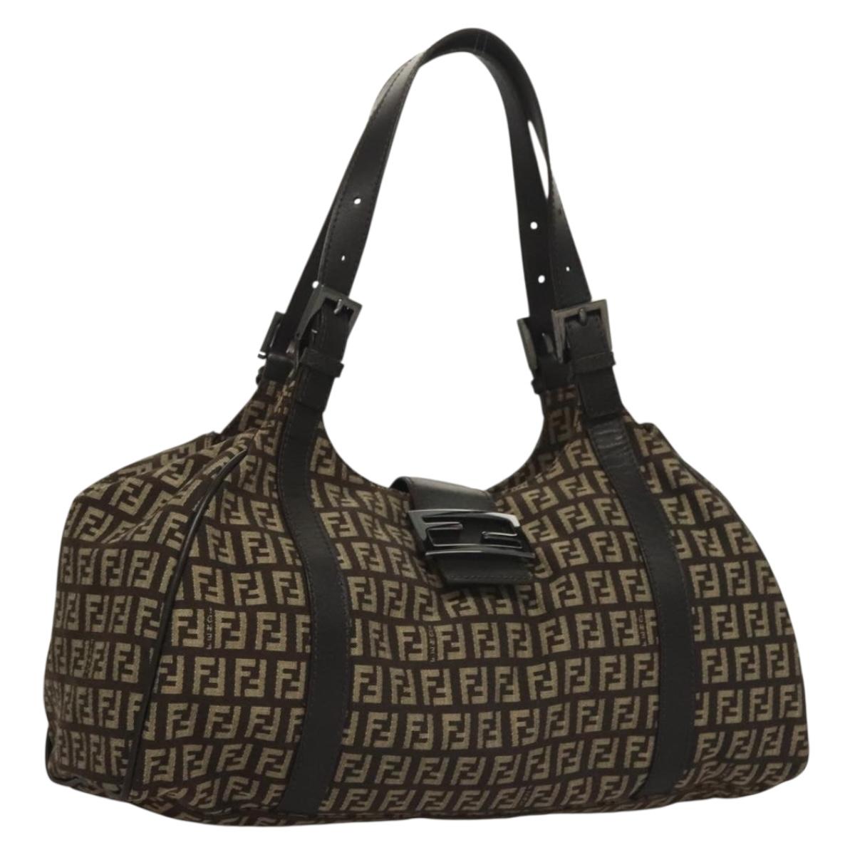 FENDI Zucchino Canvas Mamma Shoulder Bag Silver Brown Auth PP885