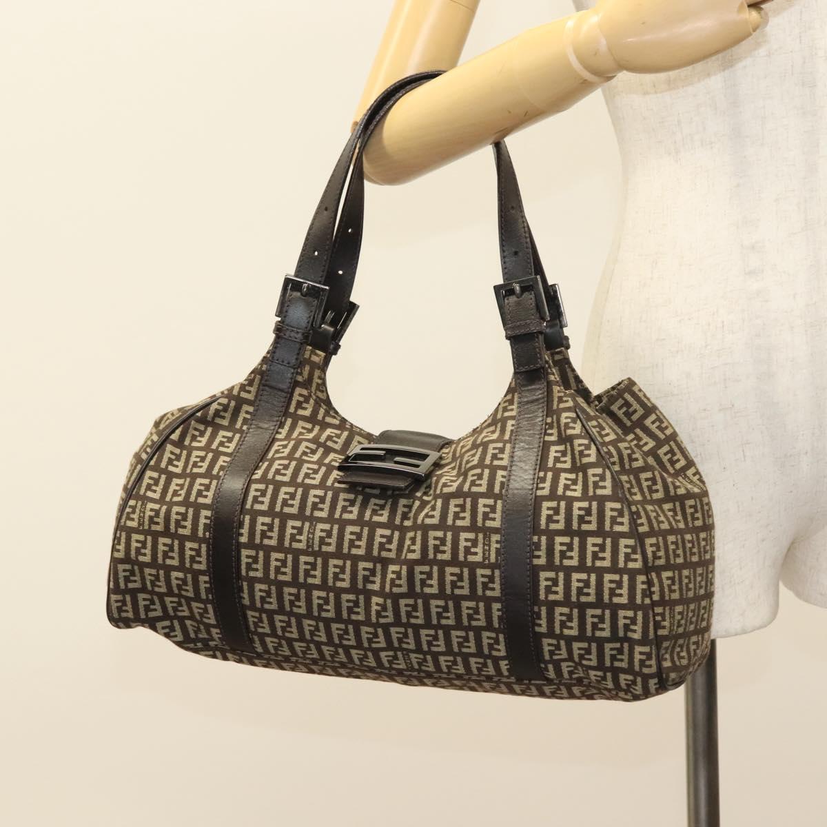 FENDI Zucchino Canvas Mamma Shoulder Bag Silver Brown Auth PP885
