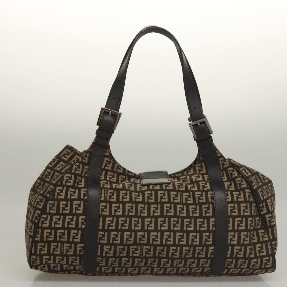 FENDI Zucchino Canvas Mamma Shoulder Bag Silver Brown Auth PP885