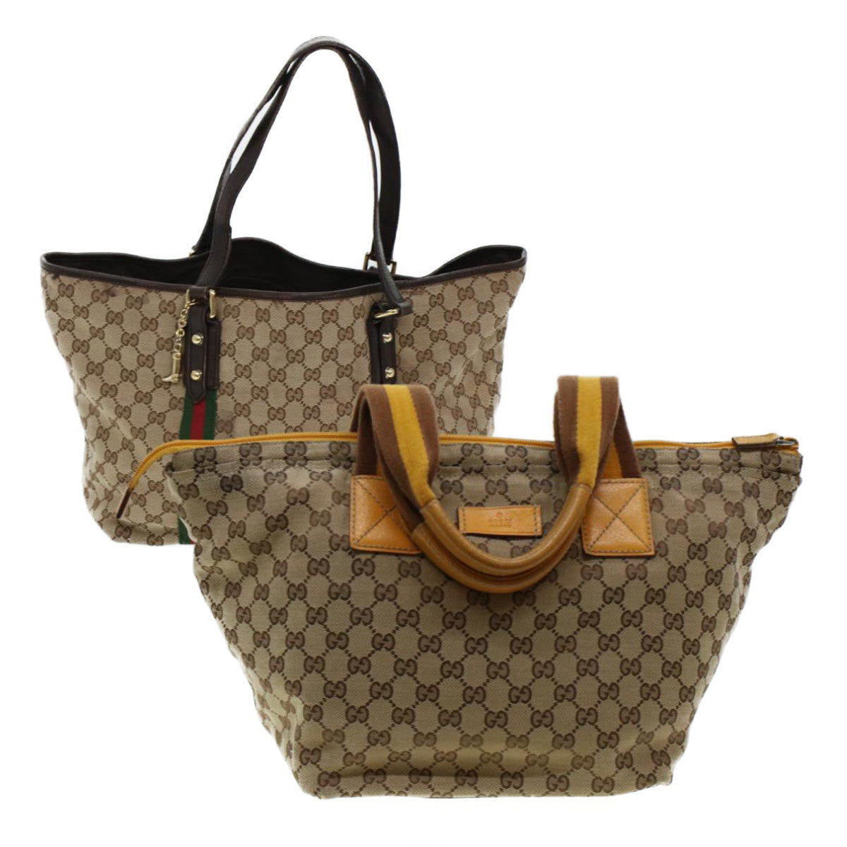 GUCCI GG Canvas Web Sherry Line Hand Bag 2Set Beige Green Yellow Auth rd5183