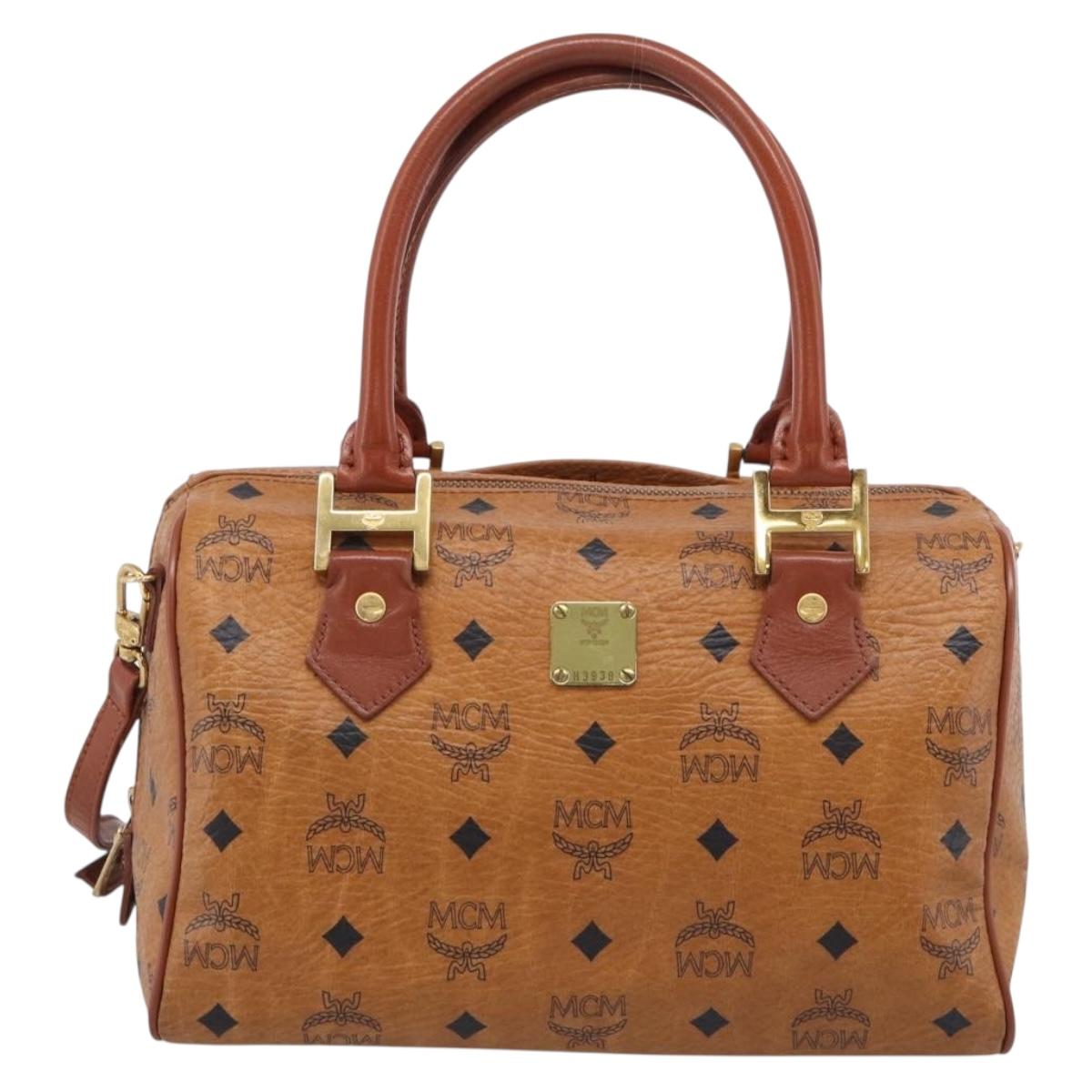 MCM Logogram Vicetos Mini Boston Bag PVC Leather 2way Brown Gold Auth RV028A