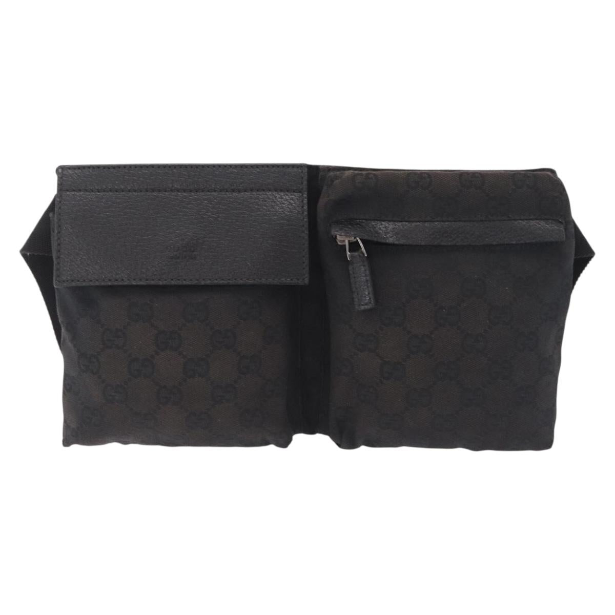 GUCCI GG Canvas Waist Bag Black Silver 28566 Auth RV029