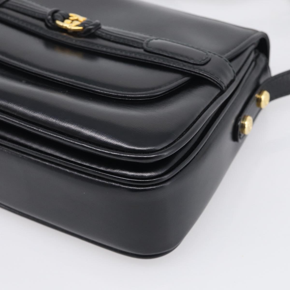 GUCCI Old Gucci Interlocking Shoulder Bag Leather Black Gold Auth RV041V