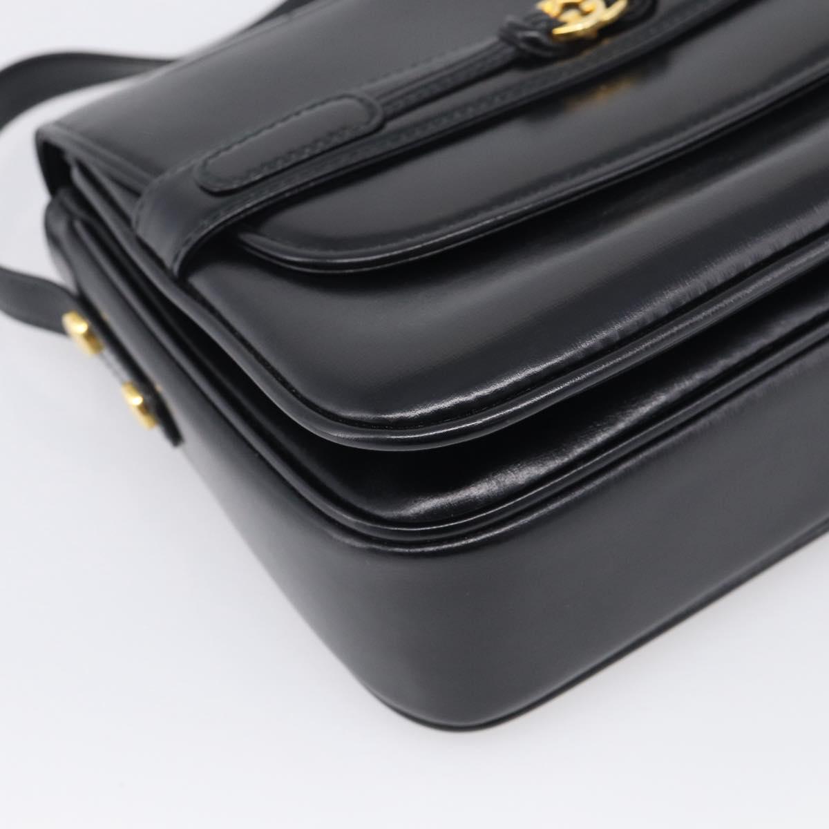 GUCCI Old Gucci Interlocking Shoulder Bag Leather Black Gold Auth RV041V