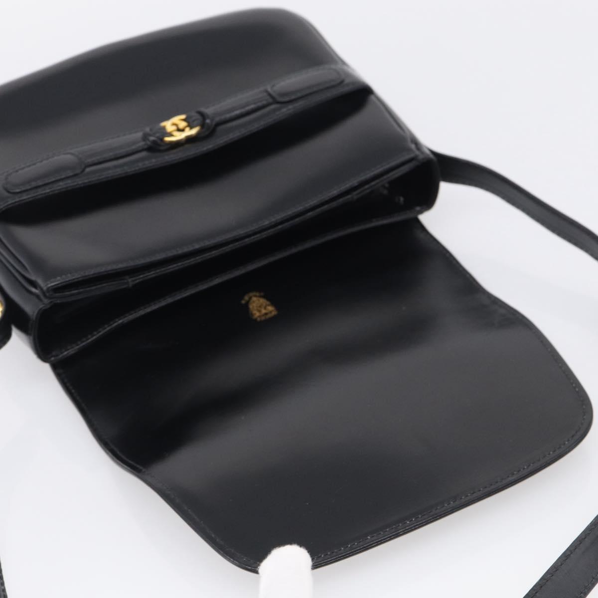 GUCCI Old Gucci Interlocking Shoulder Bag Leather Black Gold Auth RV041V