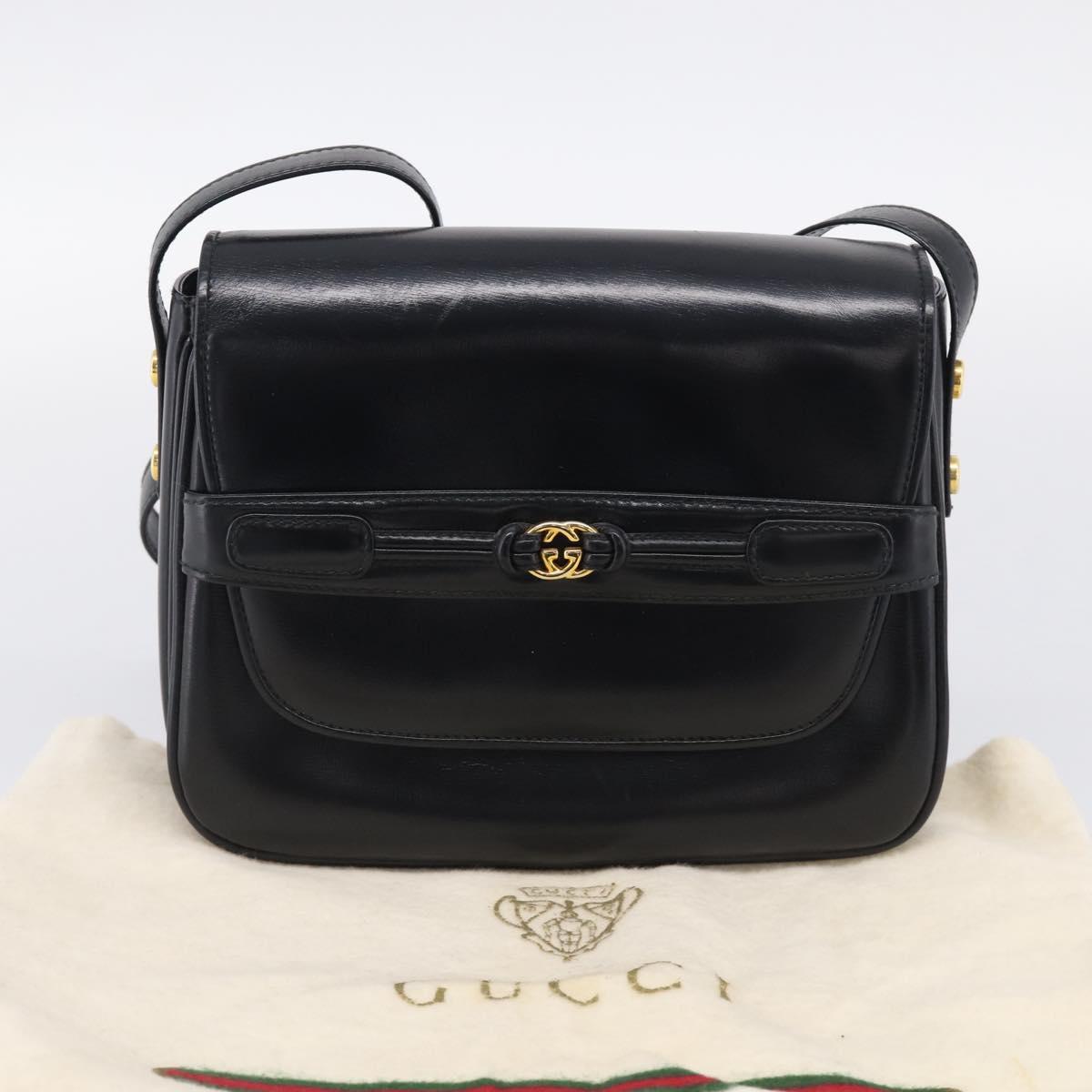 GUCCI Old Gucci Interlocking Shoulder Bag Leather Black Gold Auth RV041V