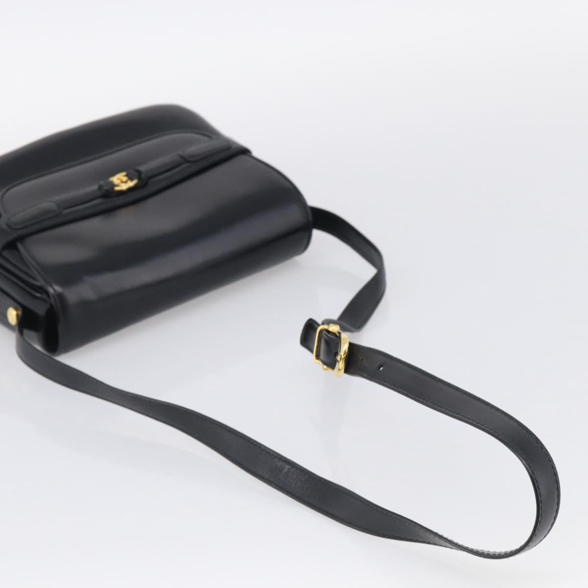 GUCCI Old Gucci Interlocking Shoulder Bag Leather Black Gold Auth RV041V
