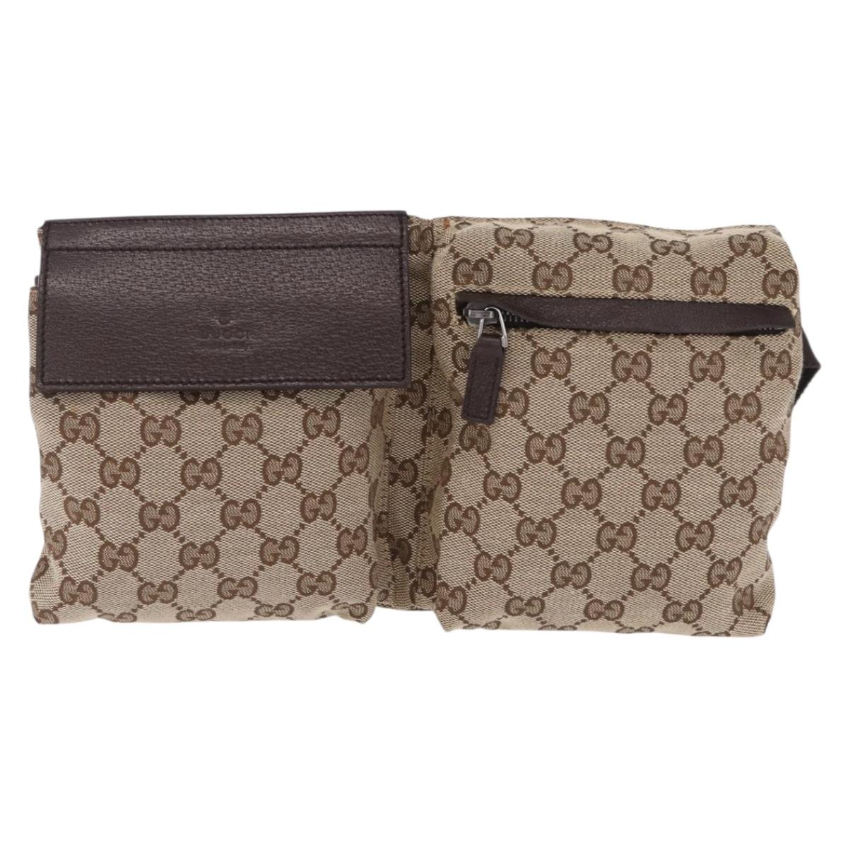 GUCCI GG Canvas Waist Bag Beige Silver 28566 Auth RV064A