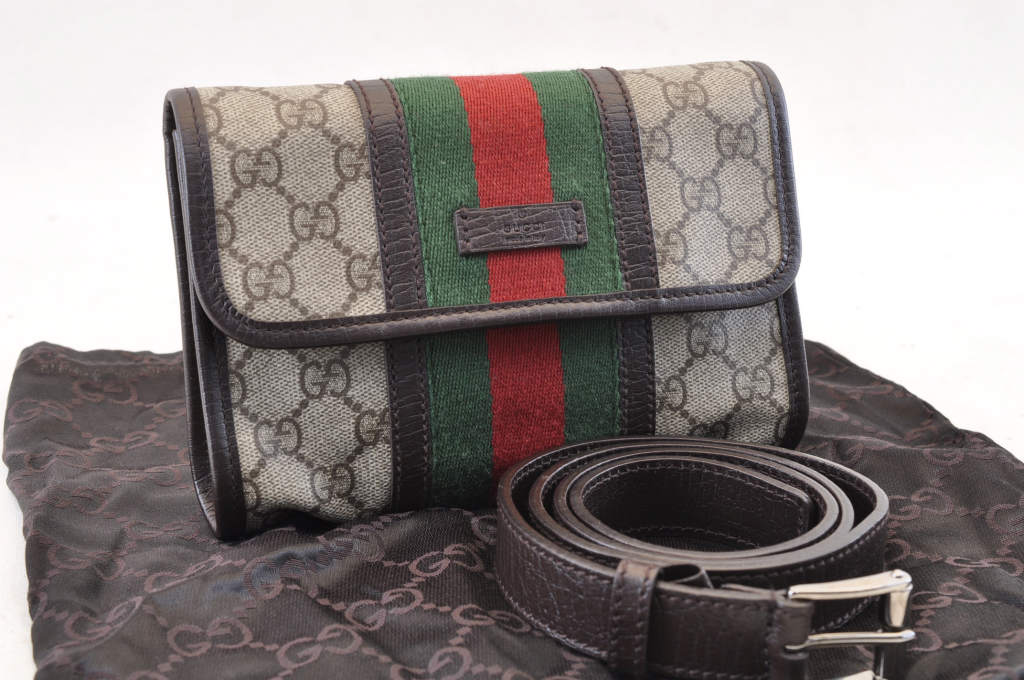 GUCCI GG Canvas Sherry Line Web Waist Bag Bum Bag Brown Auth am1103s