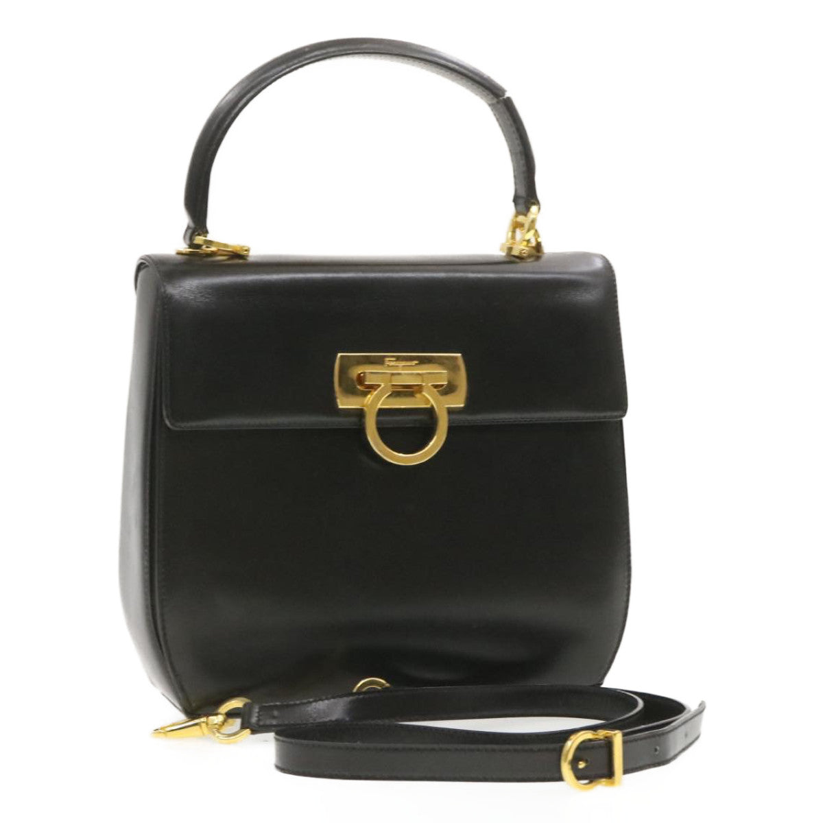 Salvatore Ferragamo Gancini Hand Bag Leather 2way Black Auth am319s