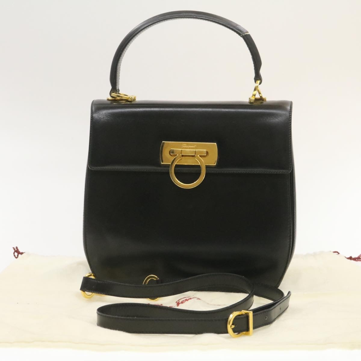 Salvatore Ferragamo Gancini Hand Bag Leather 2way Black Auth am319s