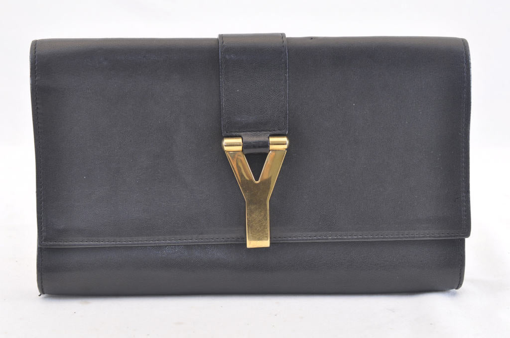 SAINT LAURENT Clutch Bag Leather Black Auth am572s