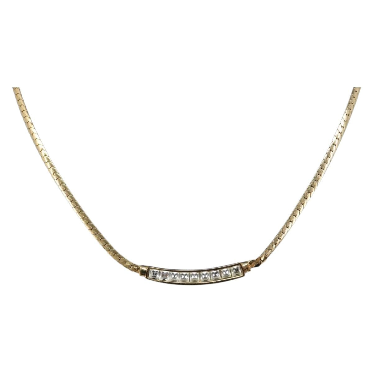 Christian Dior Rhinestone Necklace Metal Gold Tone Auth SK143