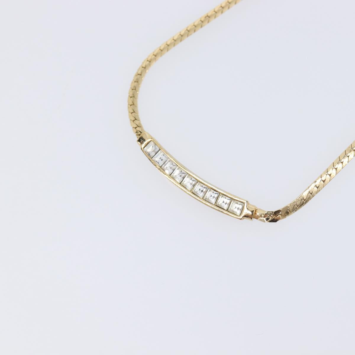 Christian Dior Rhinestone Necklace Metal Gold Tone Auth SK143