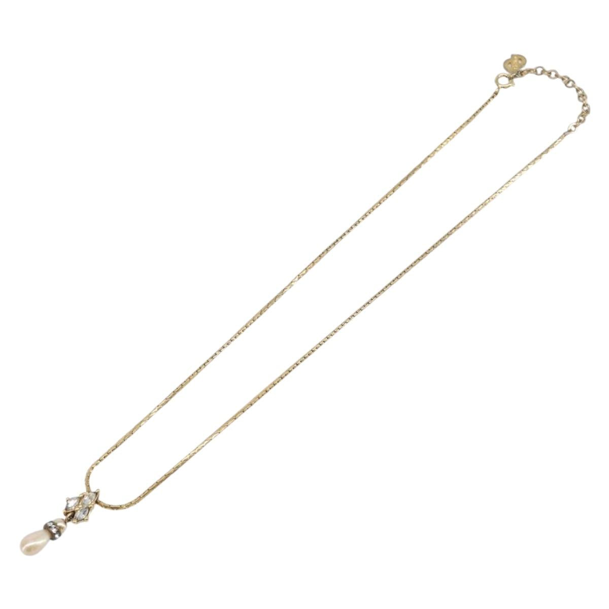 Christian Dior Bijoux Teardrop Necklace Metal Gold Tone Auth SK151