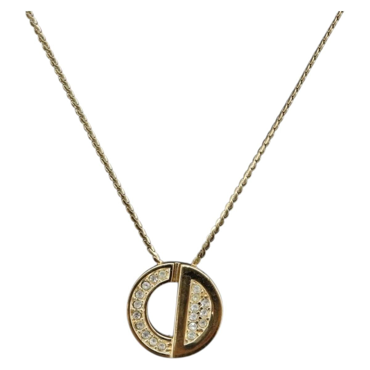 Christian Dior Rhinestone Circle Necklace Metal Gold Tone Auth SK155