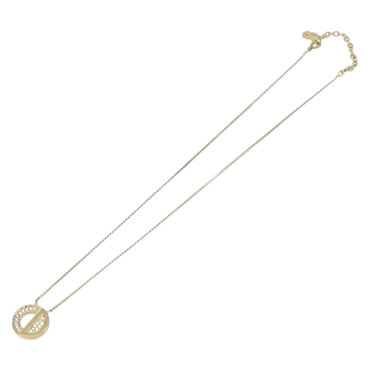 Christian Dior Rhinestone Circle Necklace Metal Gold Tone Auth SK155