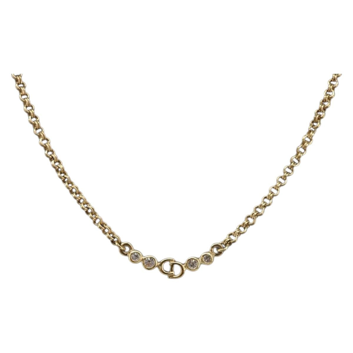 Christian Dior CD Logo Circle Necklace Metal Gold Tone Auth SK157V