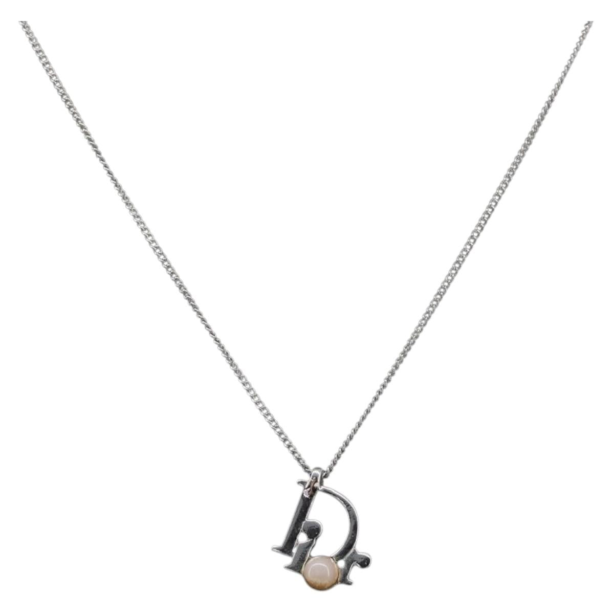 Christian Dior CD Logo Necklace Metal Silver Auth SK160